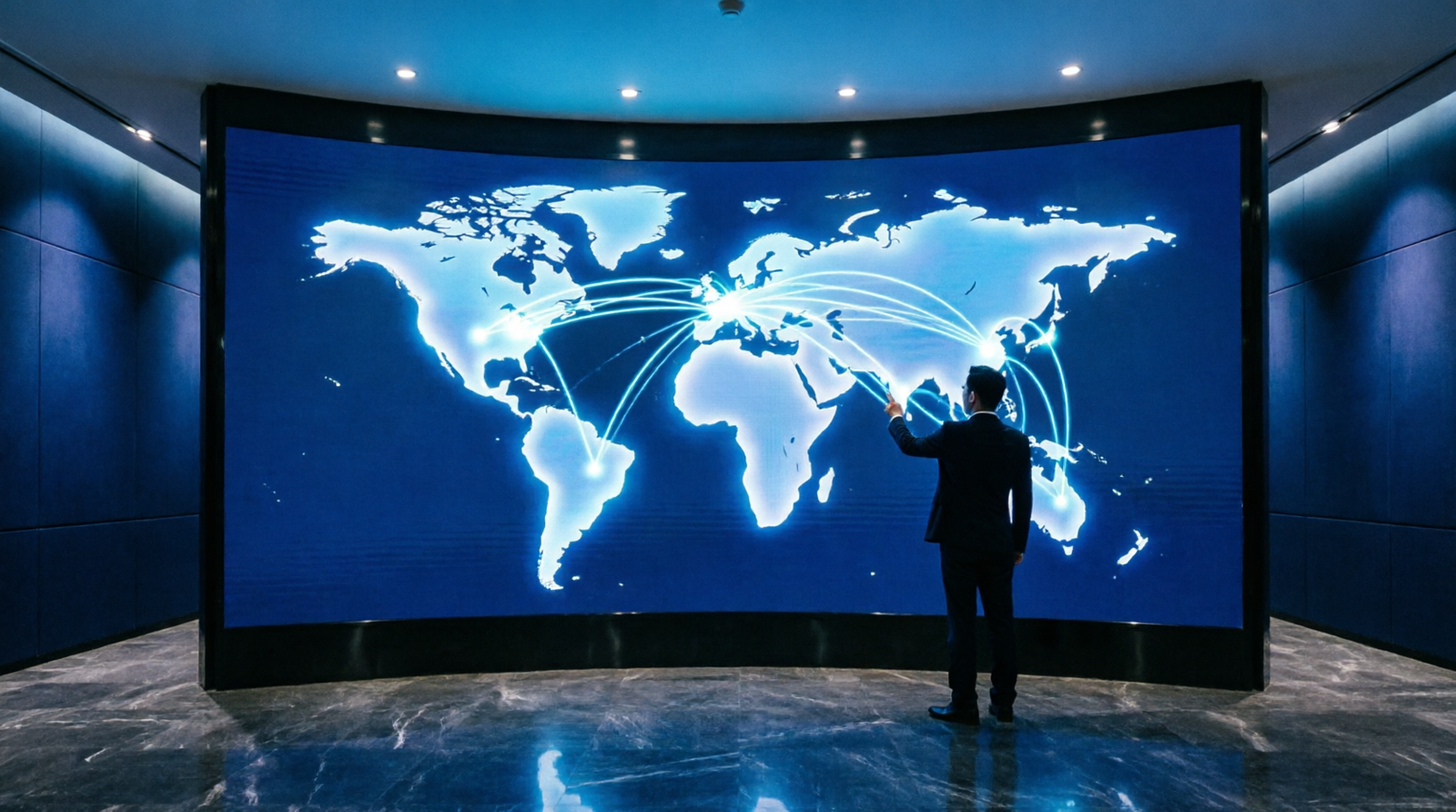 Mapa-múndi digital representando a atuação internacional da EDS